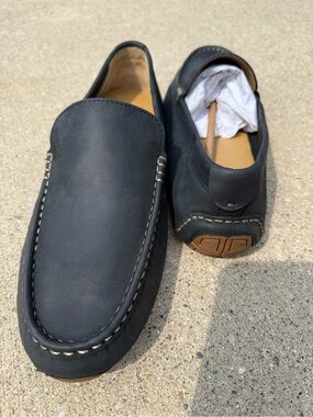 NEW Cole Haan Black Nubuck Slip-On Driving Loafers Crème Stitching Loafers
